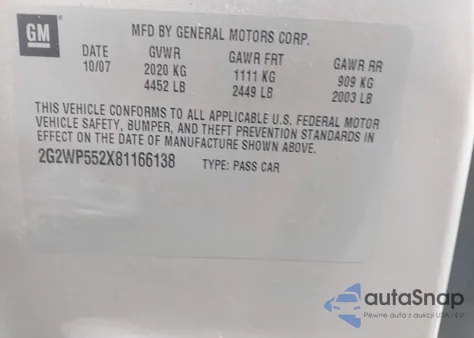 2008 Pontiac Grand Prix from USA, damaged, VIN 2G2WP552X81166138